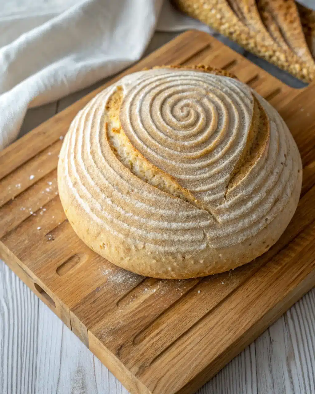 Decorative round gluten free sourdough bread on a folded kitchen towel