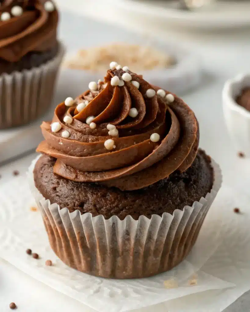 Gluten-Free Chocolate Cupcakes – The Ultimate Moist & Fluffy Recipe Guide 1 Gluten-free chocolate cupcake with piped chocolate frosting and mini pearls