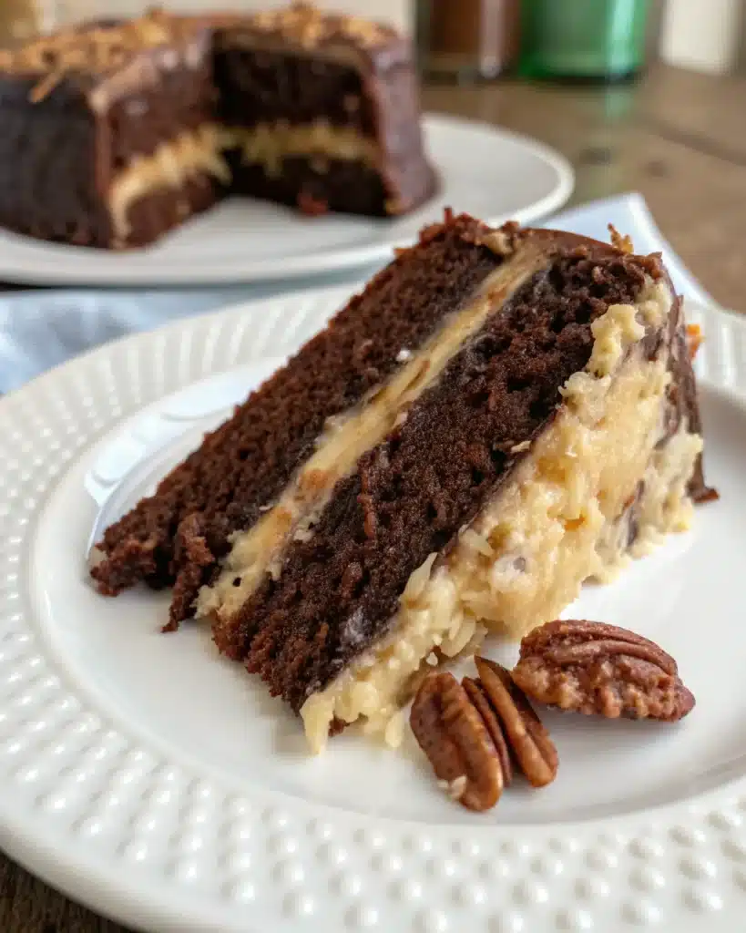 Gluten Free German Chocolate Cake (Decadent & Moist Layered Recipe) 5 sliced gluten free german chocolate cake showing coconut filling