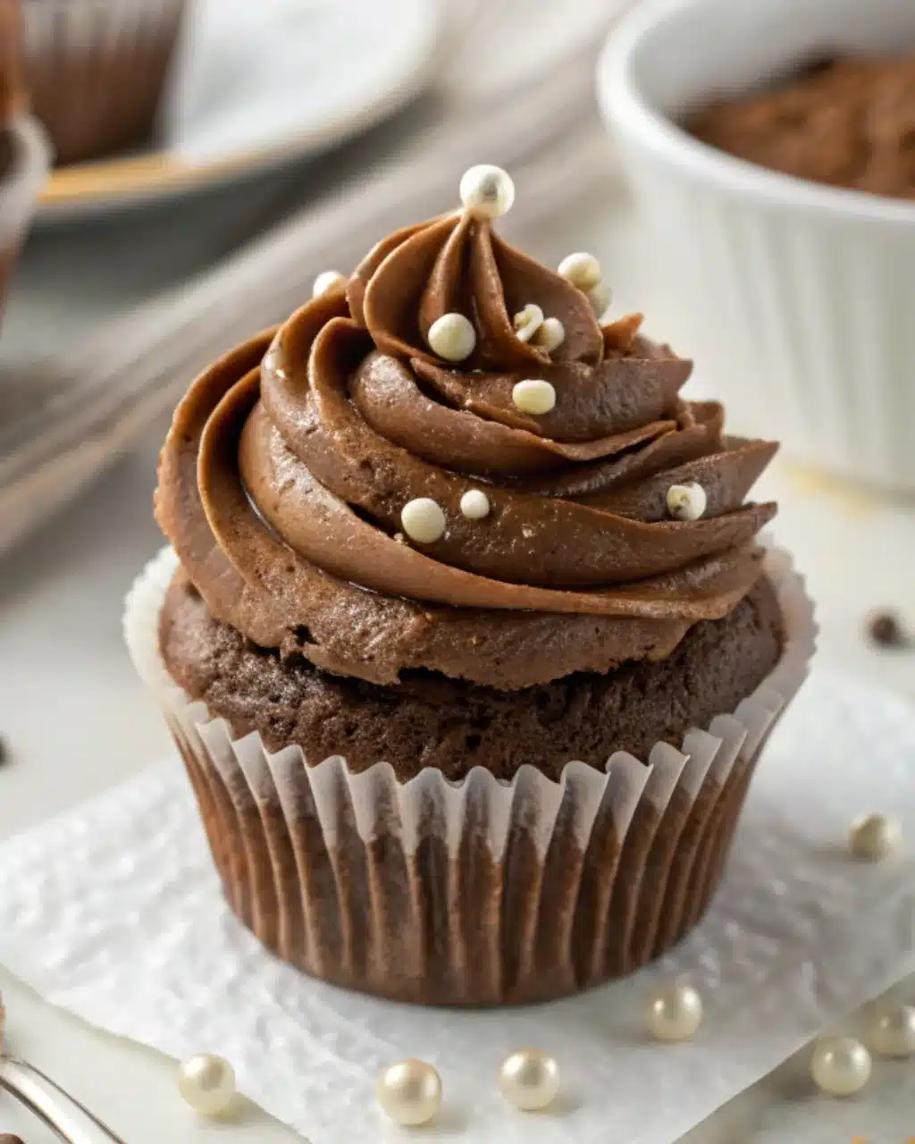 Gluten-Free Chocolate Cupcakes – The Ultimate Moist & Fluffy Recipe Guide 2 Gluten-free chocolate cupcake with smooth chocolate frosting and white pearl sprinkles
