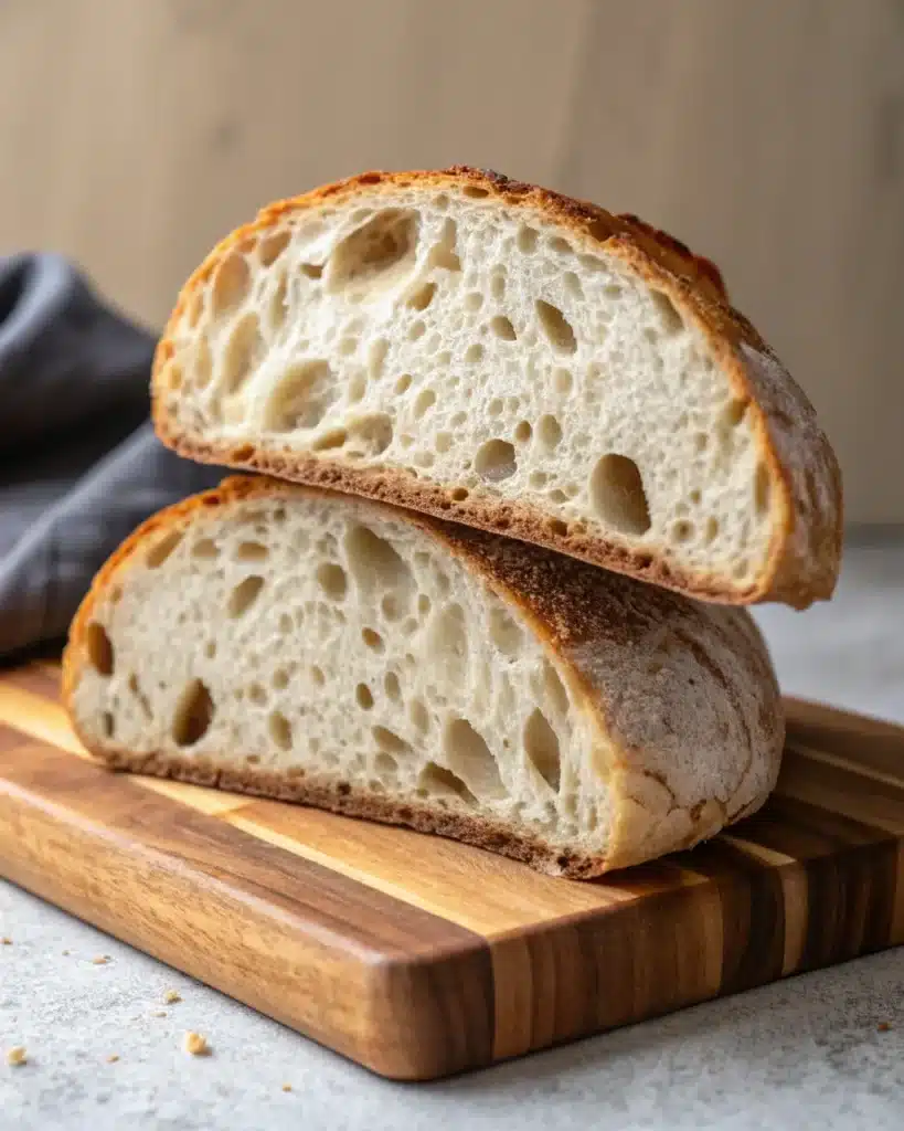 Gluten free sourdough bread halves stacked to reveal open crumb