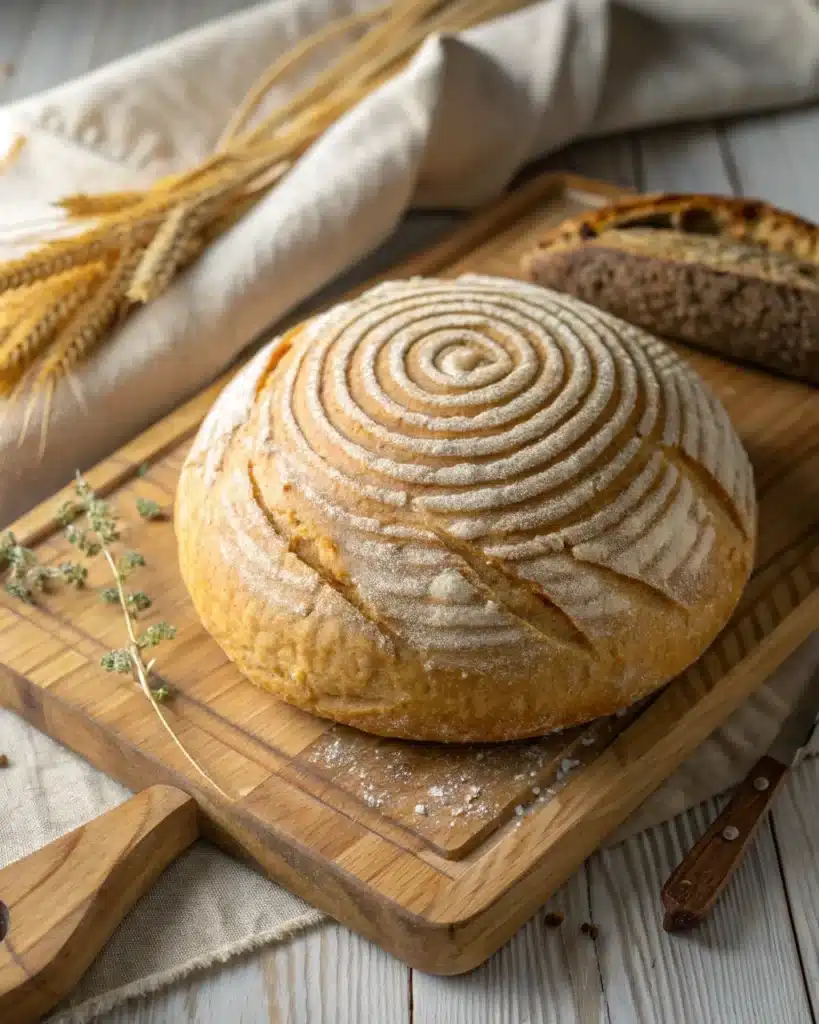 Whole gluten free sourdough bread loaf with decorative scoring on towel