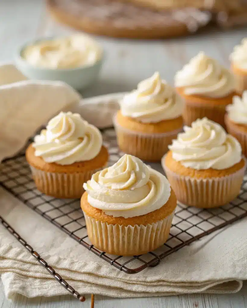 The Best Gluten-Free Vanilla Cupcakes: Fluffy, Moist & Easy to Make 3 gluten-free vanilla cupcakes freshly baked and frosted