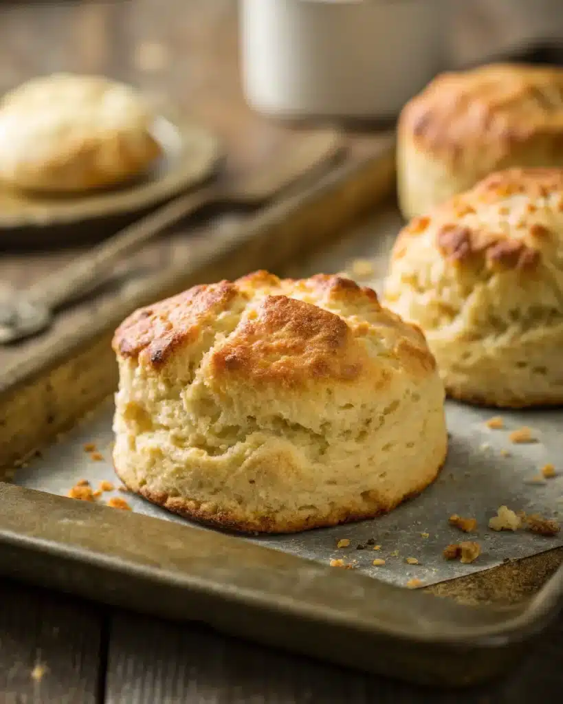 Close-up of a golden Easy 4-Ingredient Gluten Free Biscuit on a rustic tray