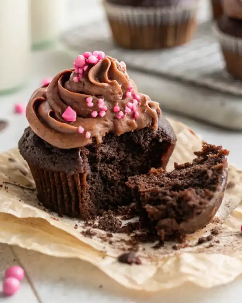 Gluten-Free Chocolate Cupcakes – The Ultimate Moist & Fluffy Recipe Guide 5 Half-eaten gluten-free chocolate cupcake with pink sprinkles and chocolate frosting