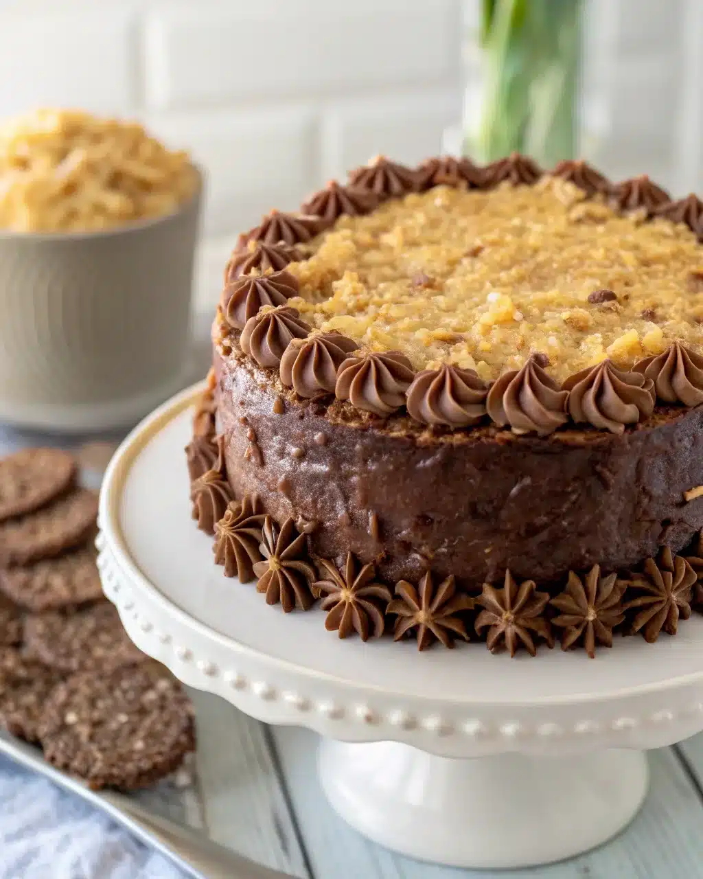 Gluten Free German Chocolate Cake (Decadent & Moist Layered Recipe) 2 assembling gluten free German chocolate cake layers