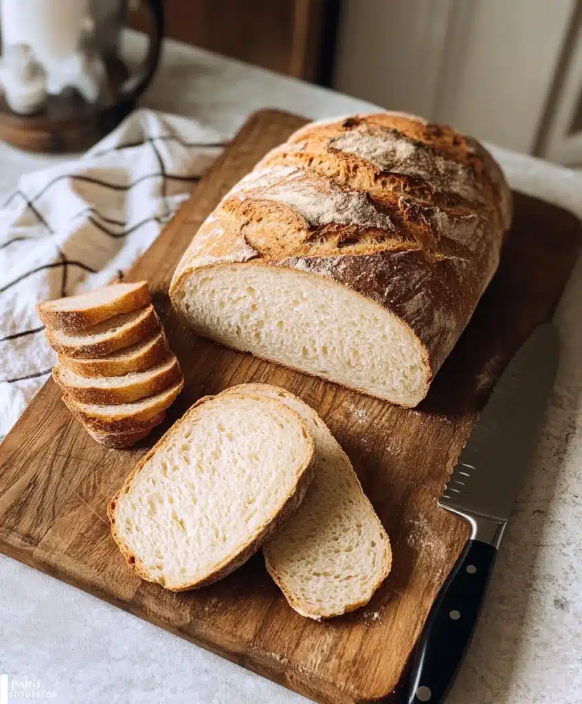 Sliced gluten free sourdough bread on a wooden cutting board with a serrated knife