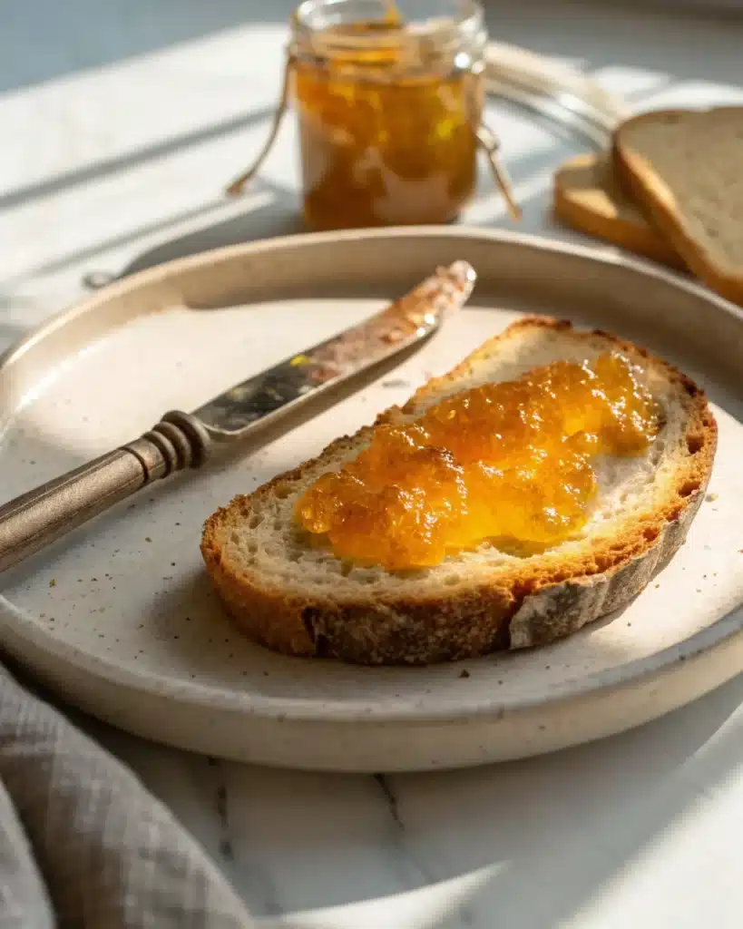 Toasted gluten free sourdough bread with golden jam and sea salt on ceramic plate