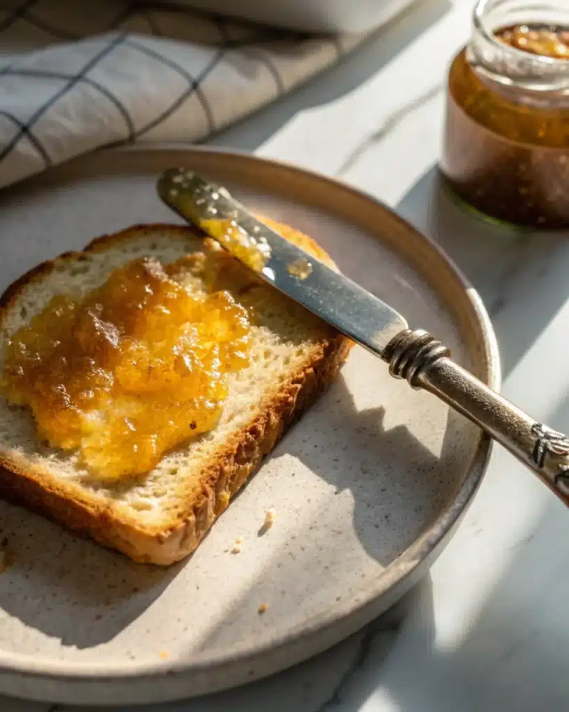 Toasted gluten free sourdough bread slice with jam on ceramic plate