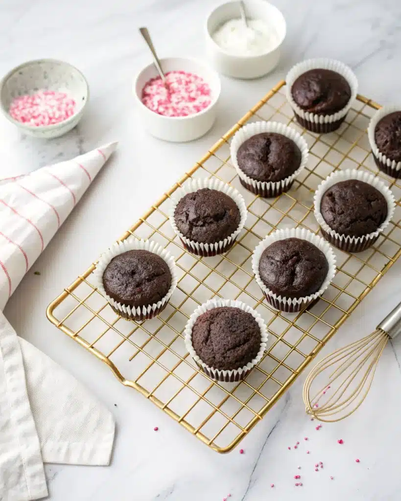 Gluten-Free Chocolate Cupcakes – The Ultimate Moist & Fluffy Recipe Guide 4 Unfrosted chocolate cupcakes cooling on rack with pink and white sprinkles nearby