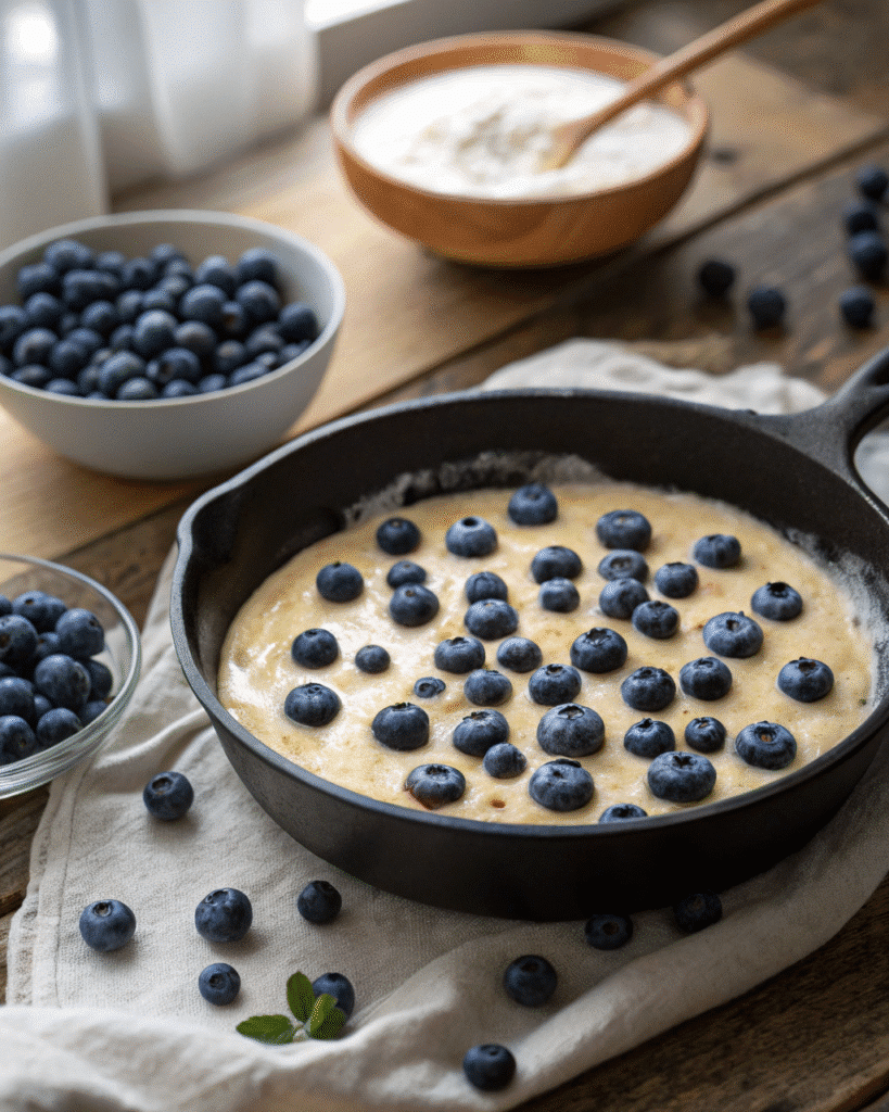 blueberry almond clafoutis gluten free batter close up before baking