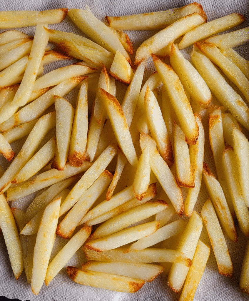 Raw potato fries drying before deep frying
