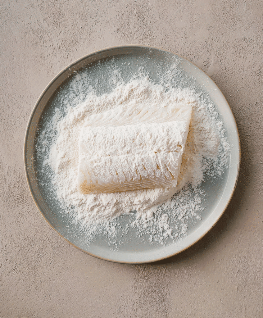 Raw white fish coated in gluten-free flour