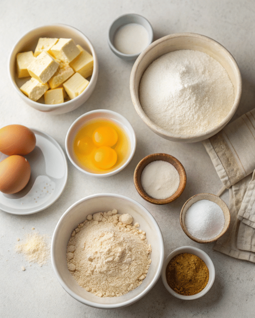 Gluten Free Hamburger Buns: Your Ultimate Guide to Fluffy, Flavorful Buns 3 Flat lay of gluten free hamburger bun ingredients with flour, eggs, and yeast
