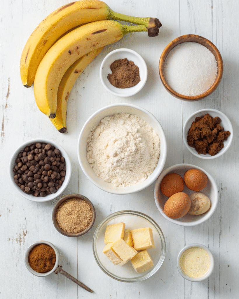 Ingredients for gluten-free banana nut bread muffins: bananas, flour, eggs, sugar, chocolate chips