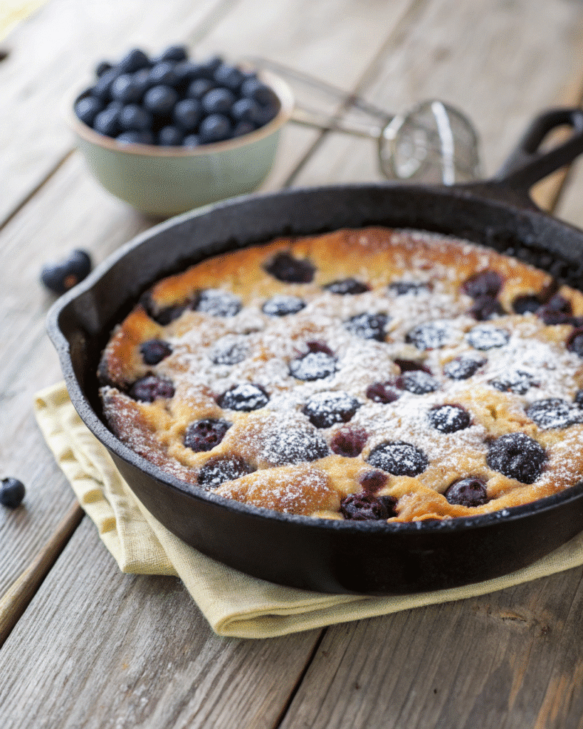 freshly baked blueberry almond clafoutis gluten free close up