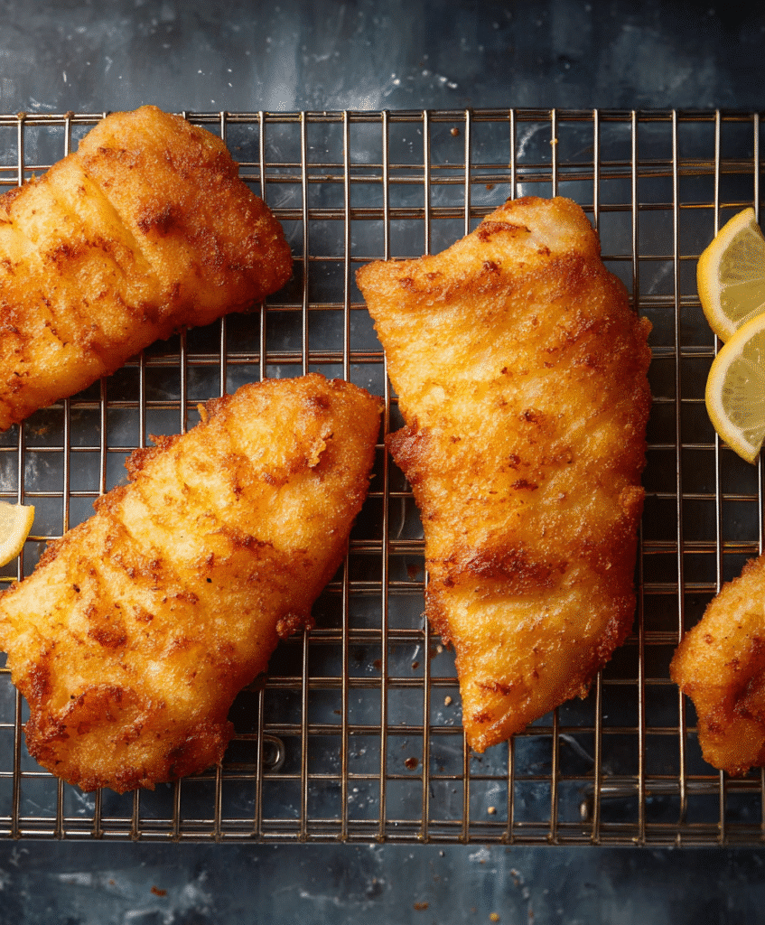 Gluten-free fish cooling on wire rack after frying