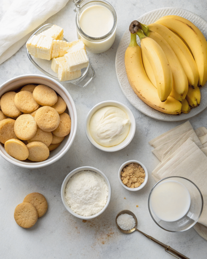 ingredients for gluten-free banana pudding including wafers, bananas, and cream