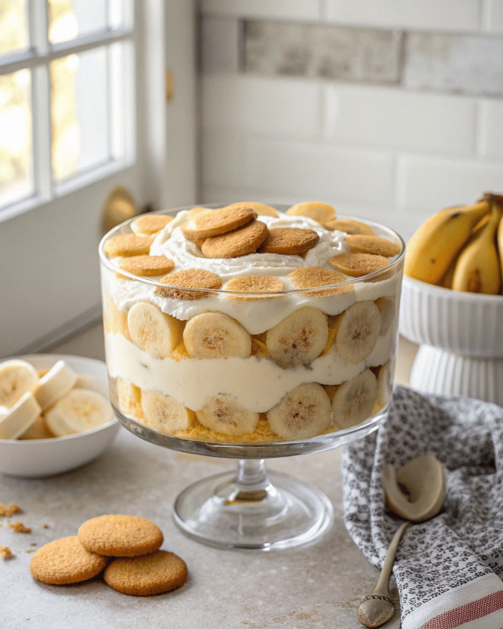 layered gluten-free banana pudding in trifle dish with banana slices