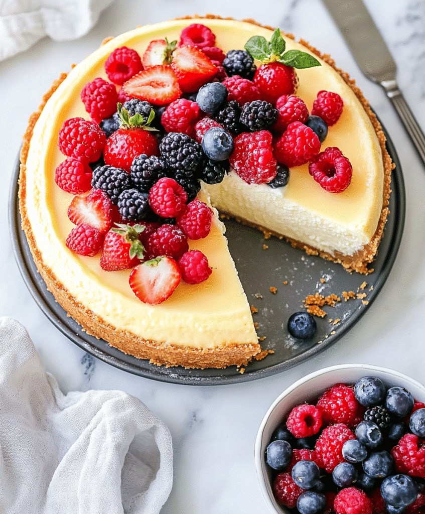 Side view of Gluten-Free Cheesecake with golden crust and berries