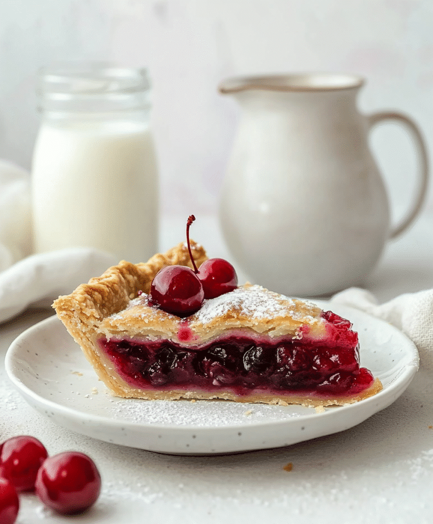 Slice of gluten-free cherry pie topped with a whole cherry on a white plate