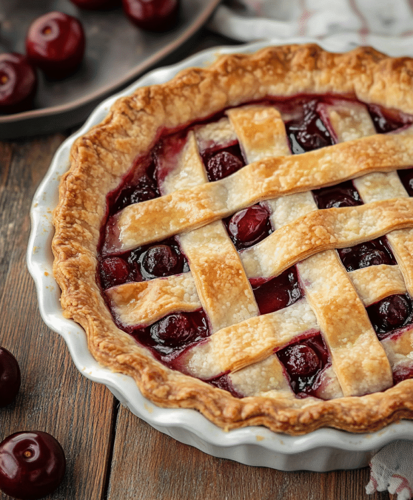 Gluten-free cherry pie with golden crust and cherry filling on wooden table