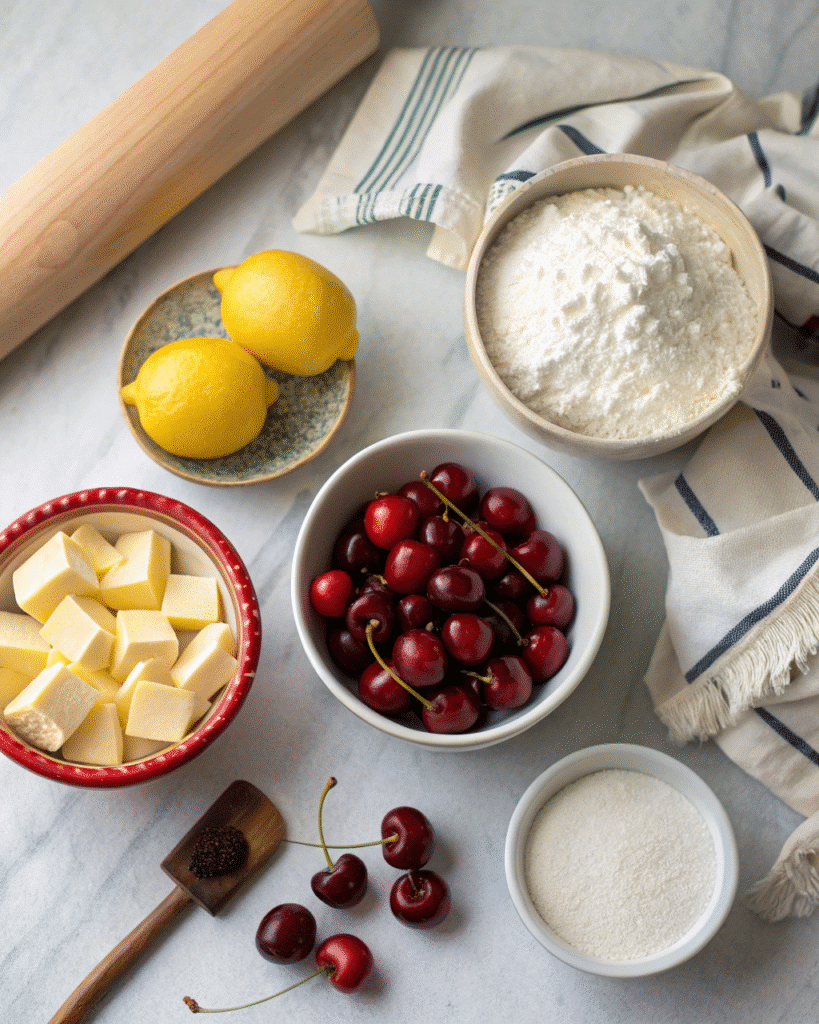 Gluten-free cherry pie ingredients including cherries, flour, and butter