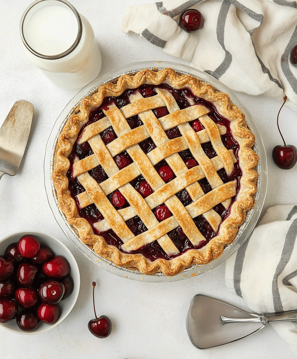 Overhead view of a gluten-free cherry pie with a golden lattice crust surrounded by cherries