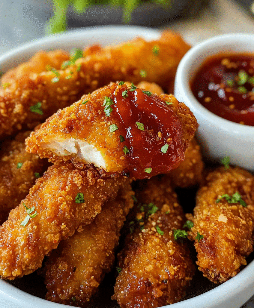 Gluten Free Chicken Tenders: The Ultimate Guide for a Crispy, Delicious Meal 1 Close-up of a bitten gluten free chicken tender with ketchup.