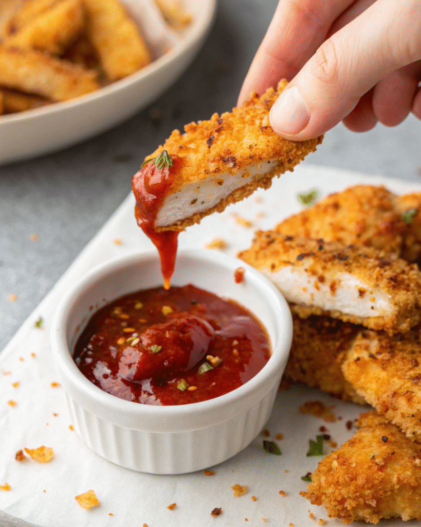 Gluten Free Chicken Tenders: The Ultimate Guide for a Crispy, Delicious Meal 5 Gluten free chicken tender dipped into ketchup.