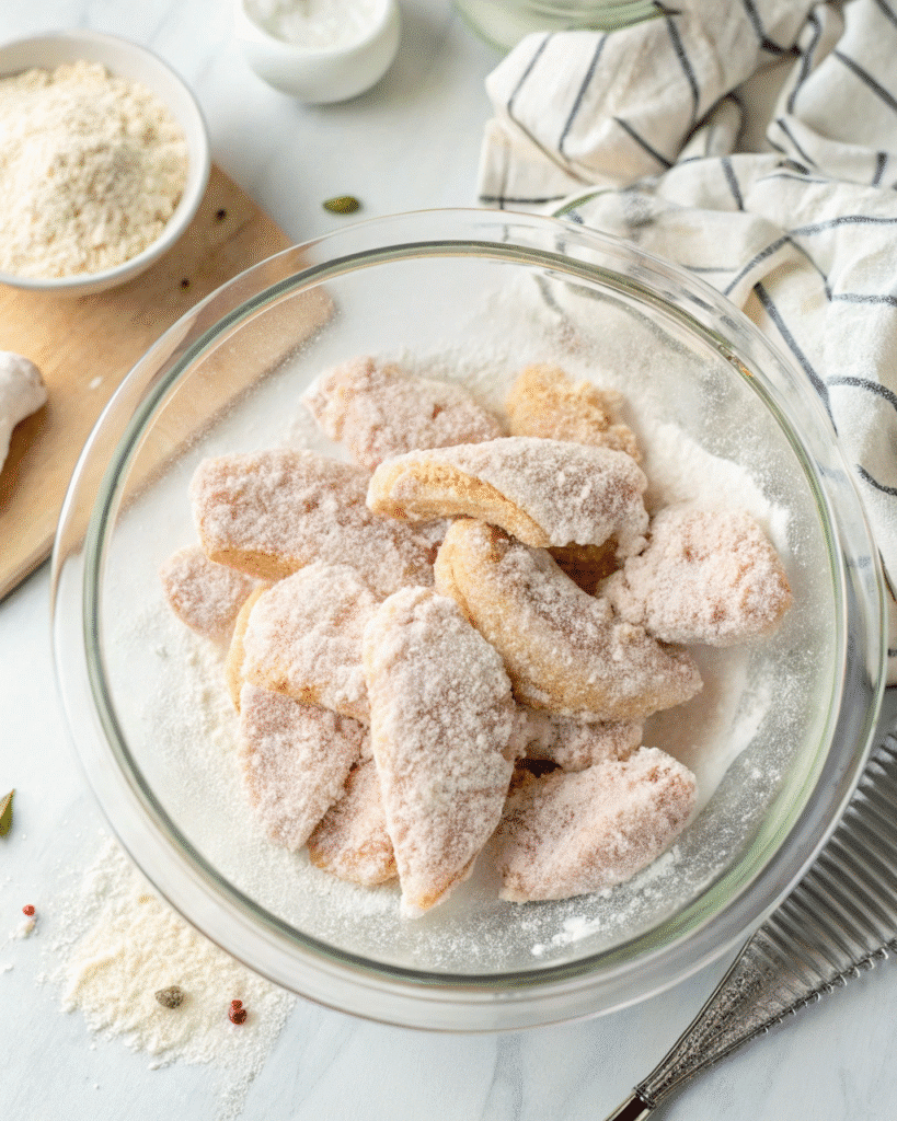 Gluten Free Chicken Tenders: The Ultimate Guide for a Crispy, Delicious Meal 3 Raw chicken tenders coated in gluten free flour in a glass bowl.