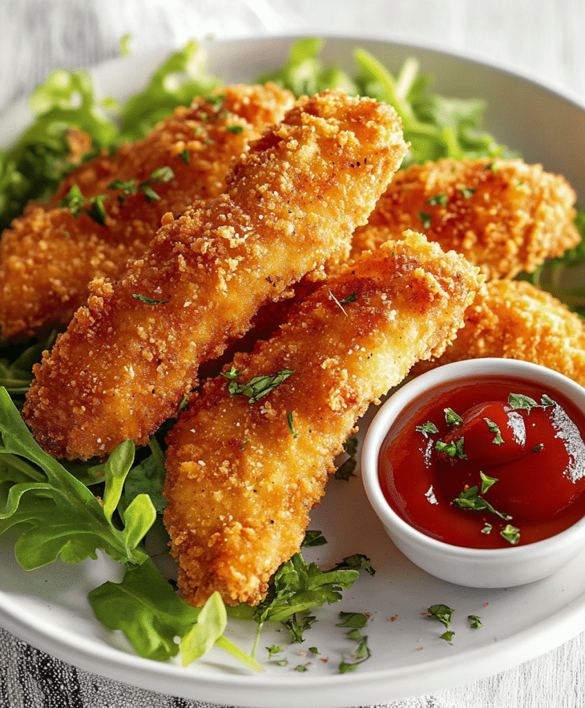 Crispy gluten free chicken tenders served with greens and ketchup.