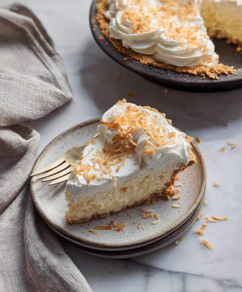 overhead view of a coconut cream pie slice and whole pie with whipped topping