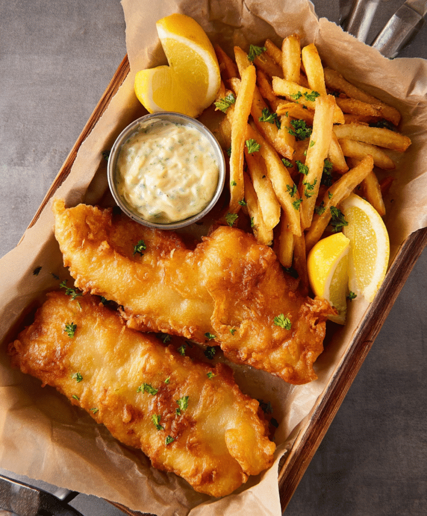 Gluten-free fish and chips tray with tartar sauce and lemon