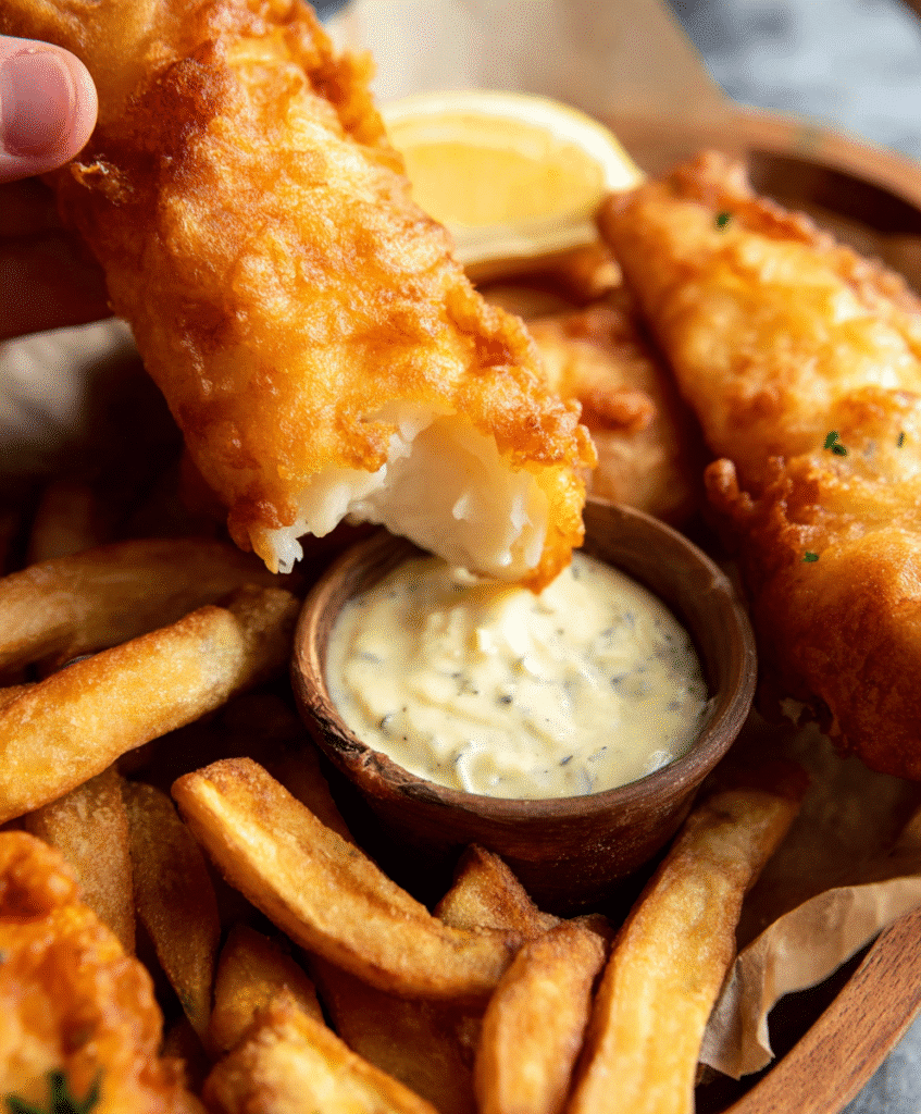 Gluten-free fish fillet dipped in tartar sauce with hand-cut fries