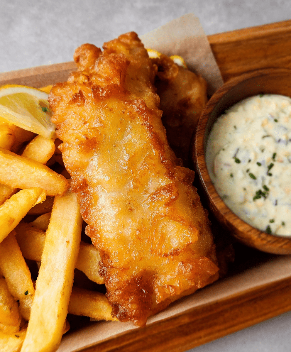 Crispy gluten-free fish next to tartar sauce
