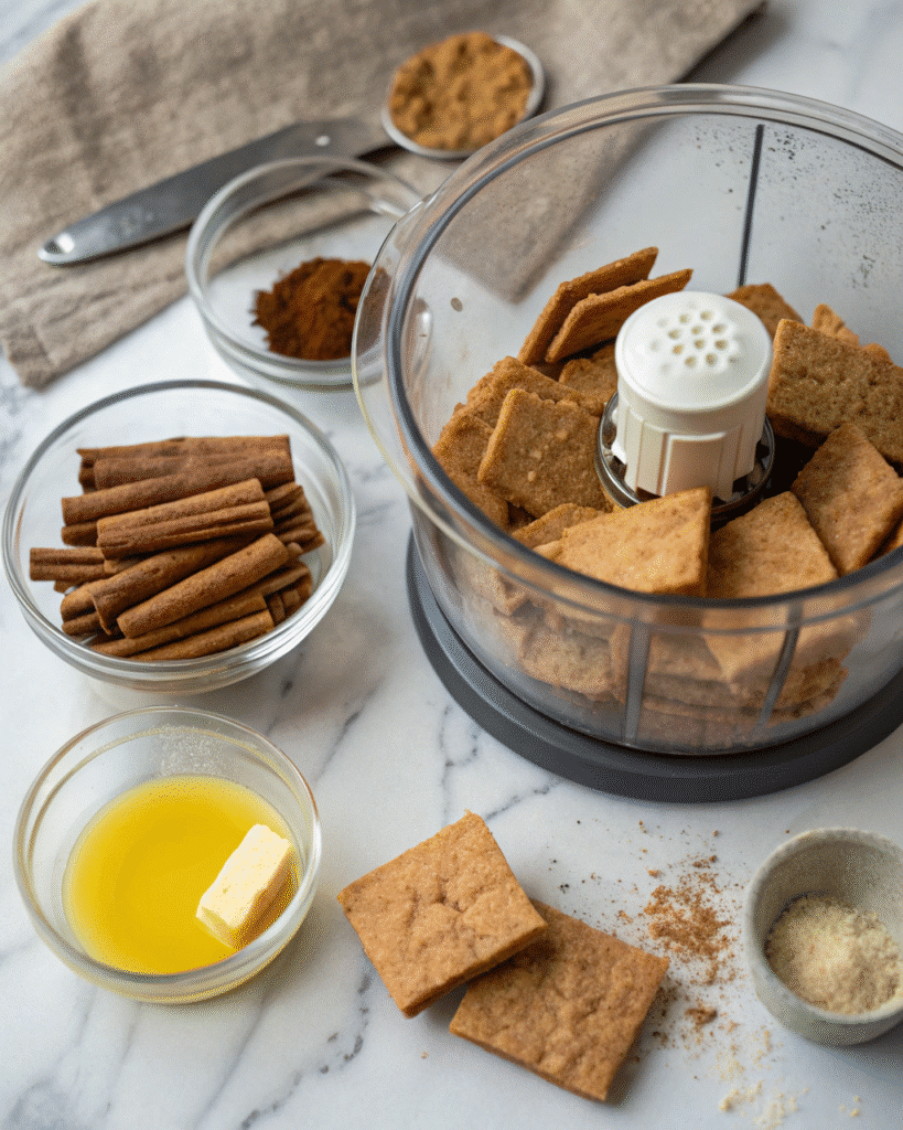 Gluten-free graham crackers in a food processor for cheesecake crust
