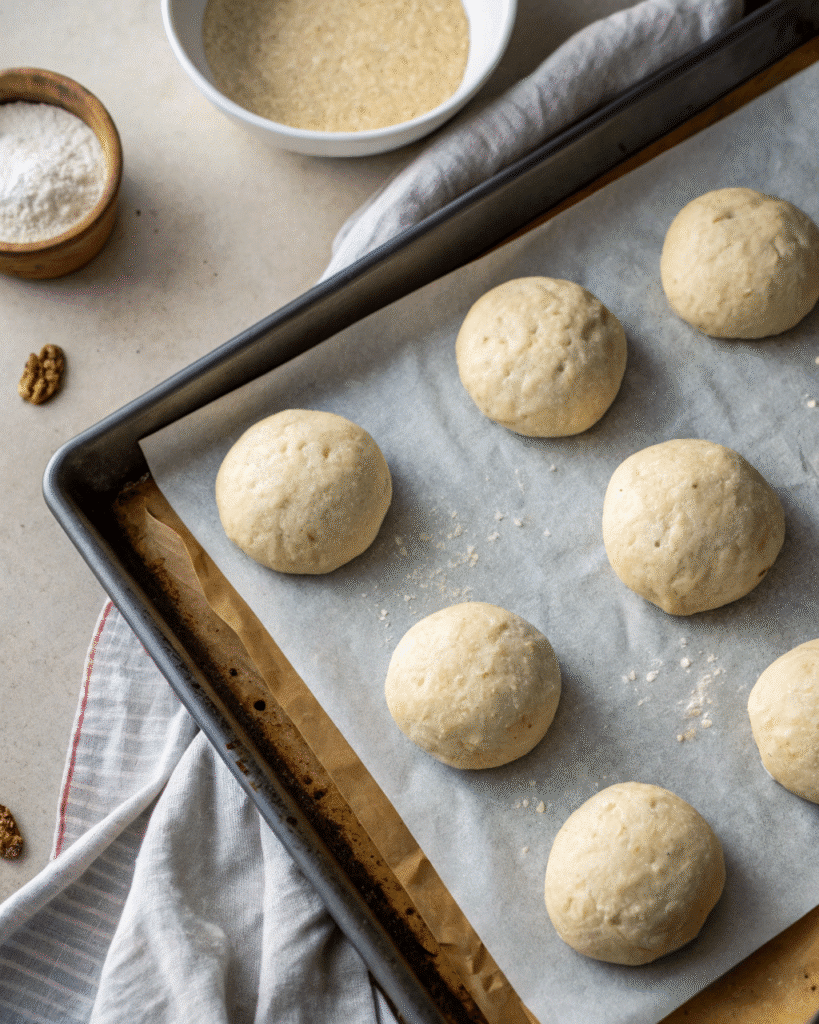 Gluten Free Hamburger Buns: Your Ultimate Guide to Fluffy, Flavorful Buns 4 Raw gluten free hamburger bun dough balls resting on a parchment-lined baking tray