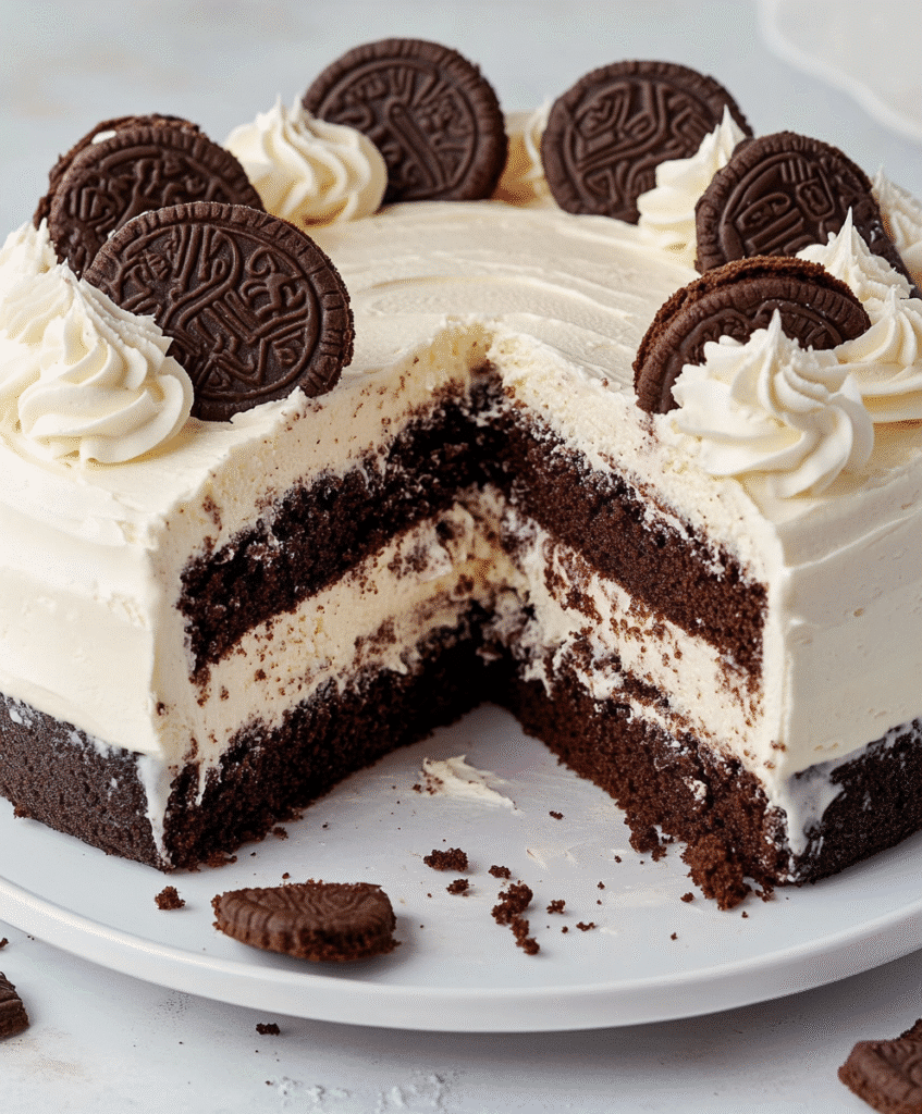 gluten free ice cream cake sliced open with whipped cream and chocolate cookies