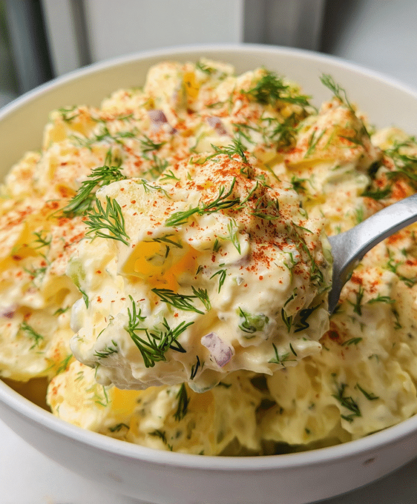 Close-up spoonful of gluten-free potato salad with dill and paprika