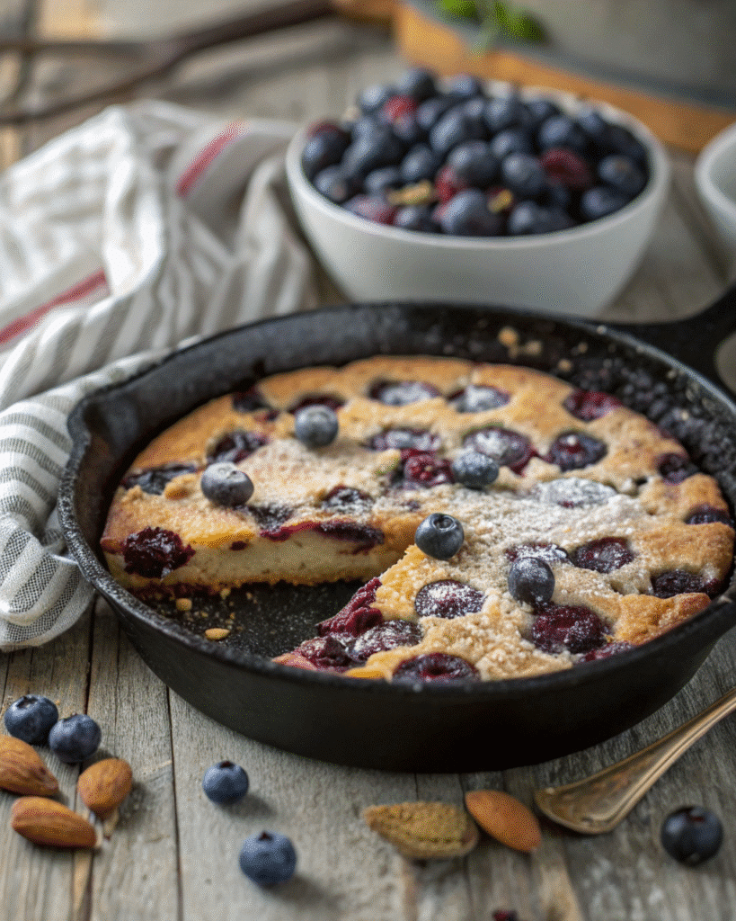 serving blueberry almond clafoutis gluten free skillet close up