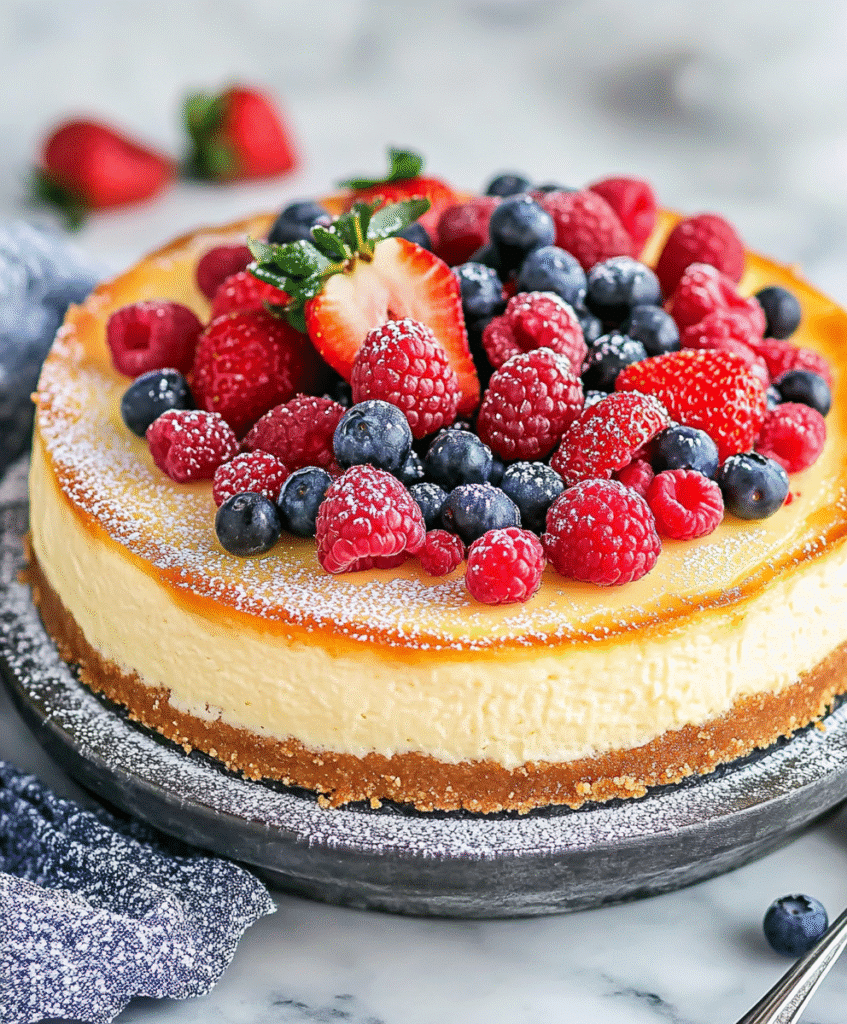 Side view of Gluten-Free Cheesecake with golden crust and berries