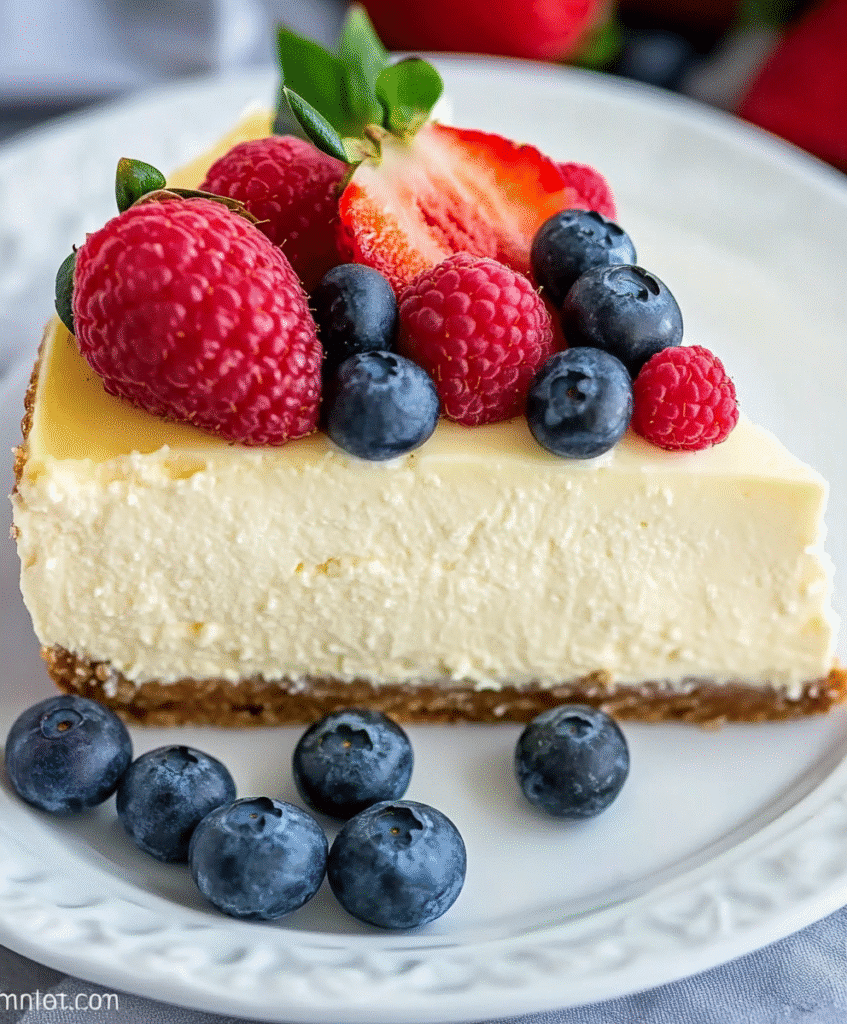 Slice of Gluten-Free Cheesecake topped with fresh berries