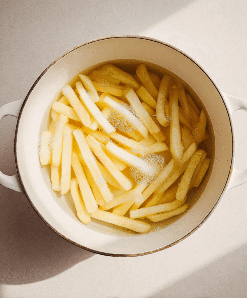 Raw potato fries soaking in a pot of water before cooking