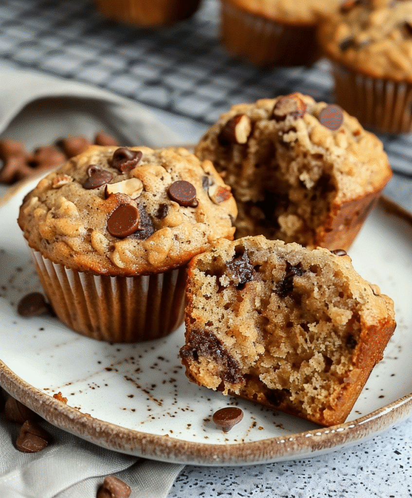 Gluten-free banana nut bread muffins with chocolate chips on a plate