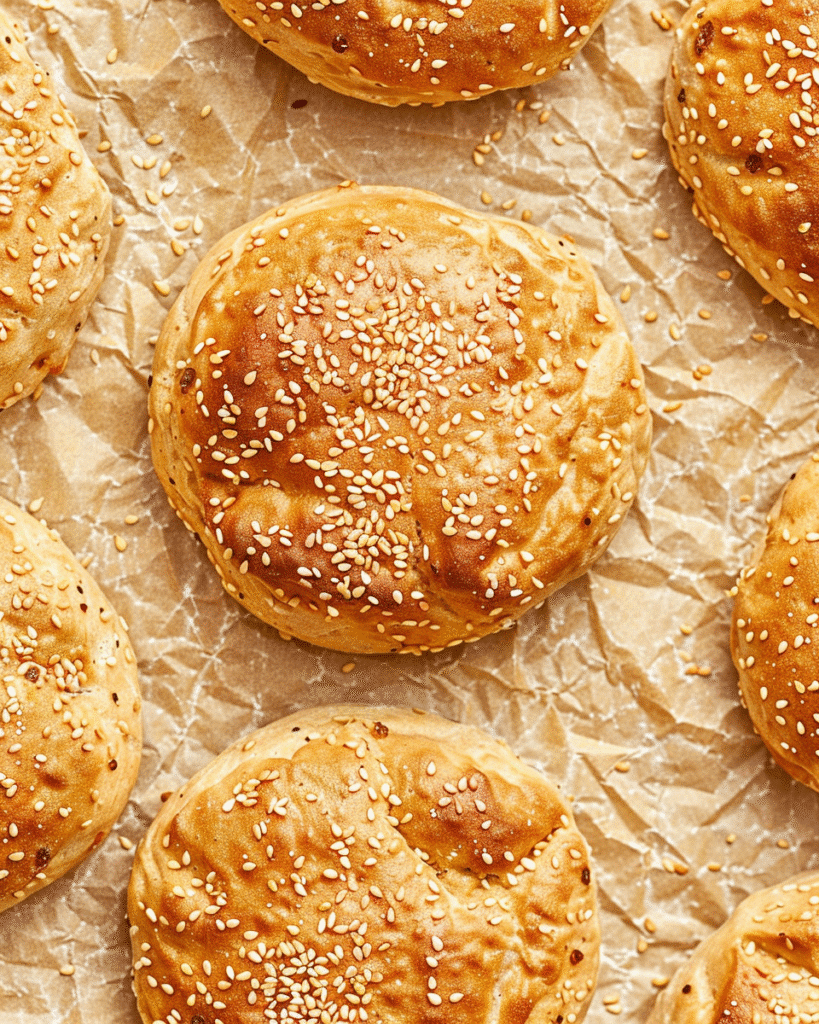 Gluten Free Hamburger Buns: Your Ultimate Guide to Fluffy, Flavorful Buns 5 Golden brown gluten free hamburger buns with sesame seeds on crinkled parchment paper