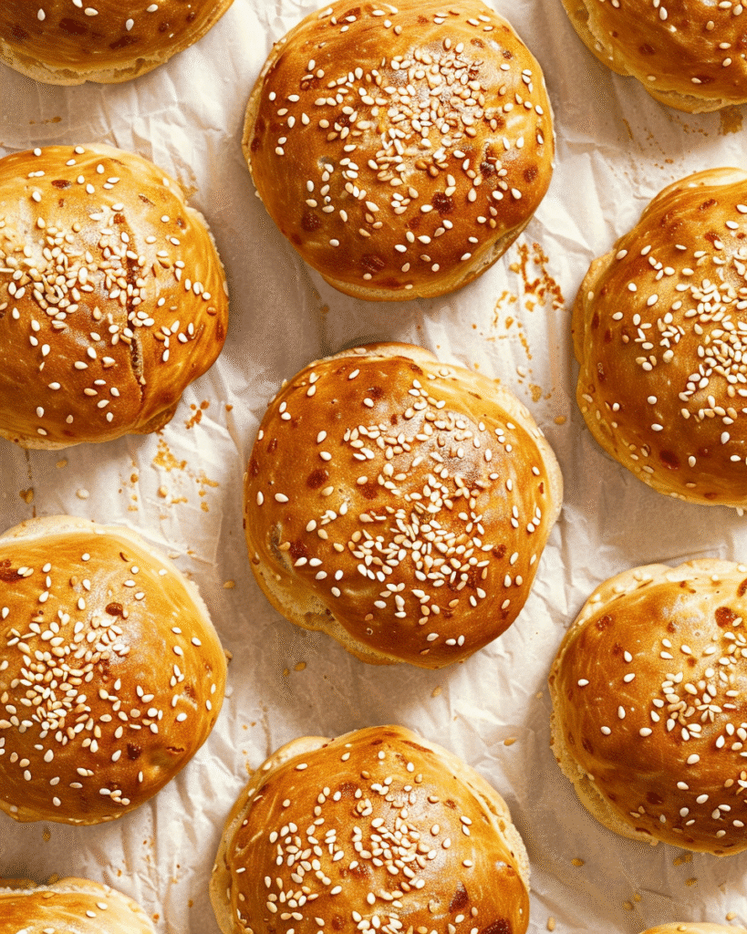 Freshly baked gluten free hamburger buns with sesame seeds on parchment paper
