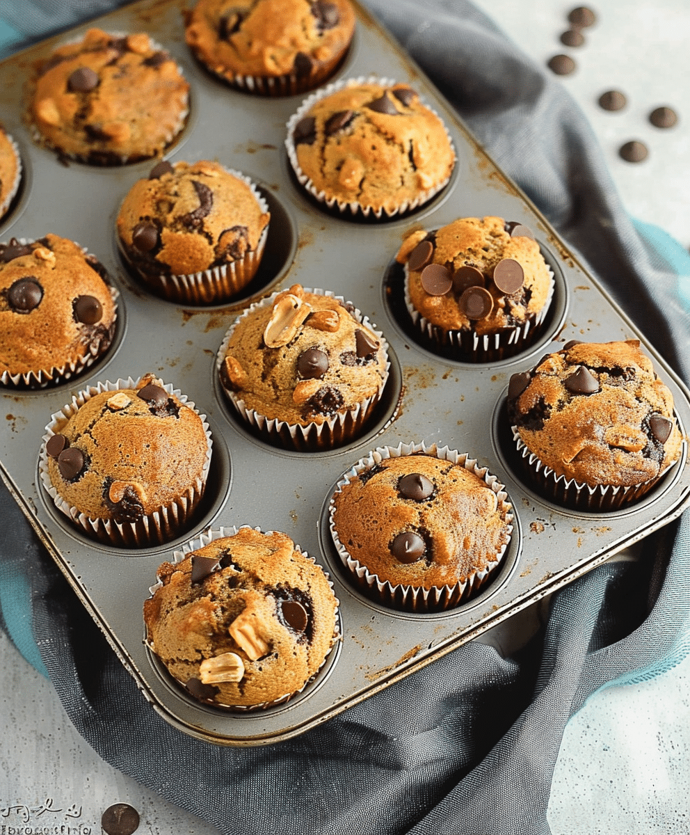 Freshly baked gluten-free banana nut bread muffins with chocolate chips in a muffin tray
