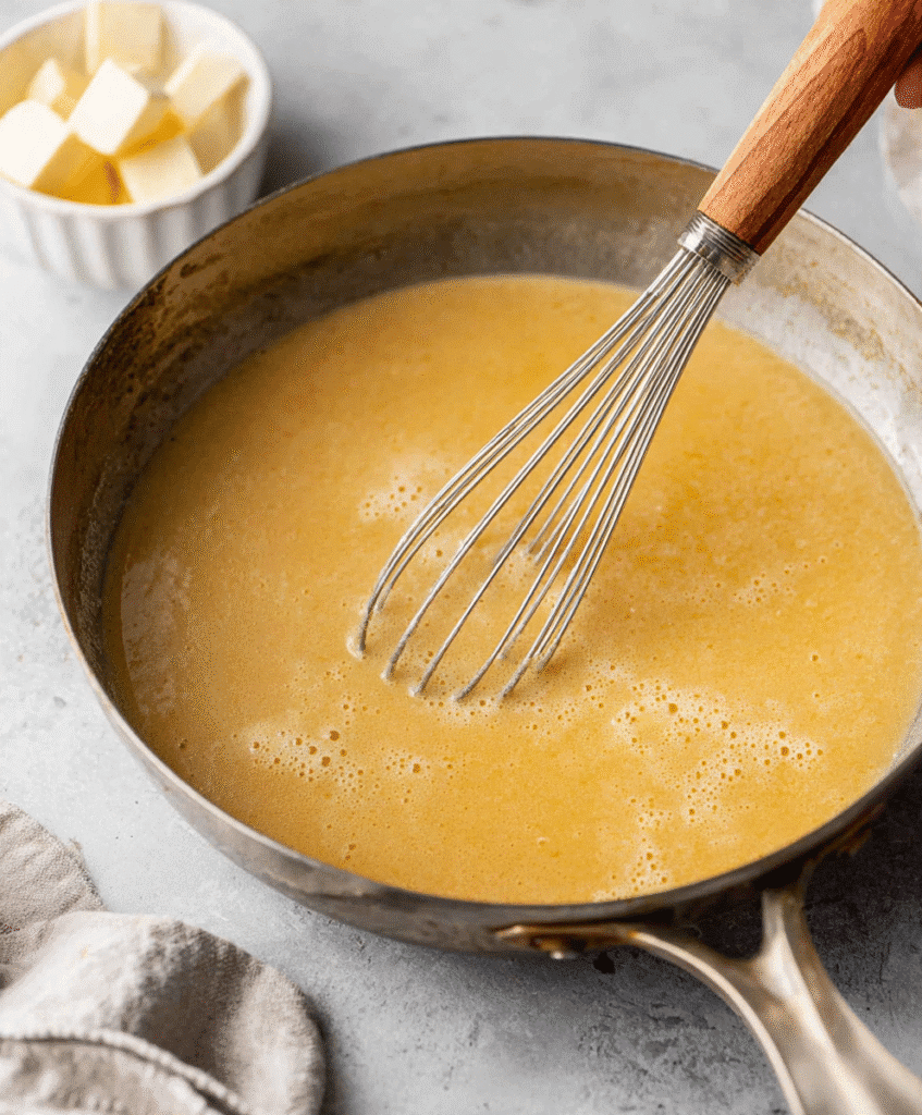 adding gluten-free flour to melted butter in a saucepan