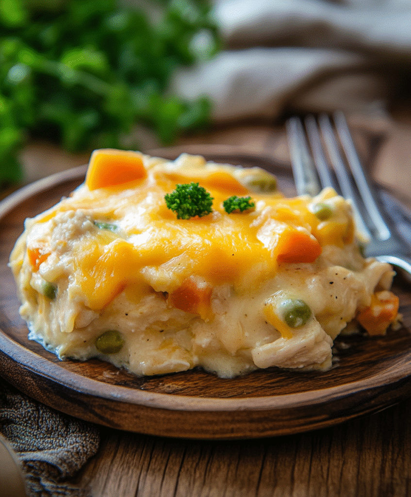 gluten-free creamy chicken casserole on wooden plate with fork